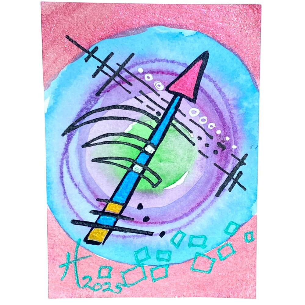 ACEO Original Watercolor Acrylic Mixed Media Art ATC Blue Purple Red Green Black